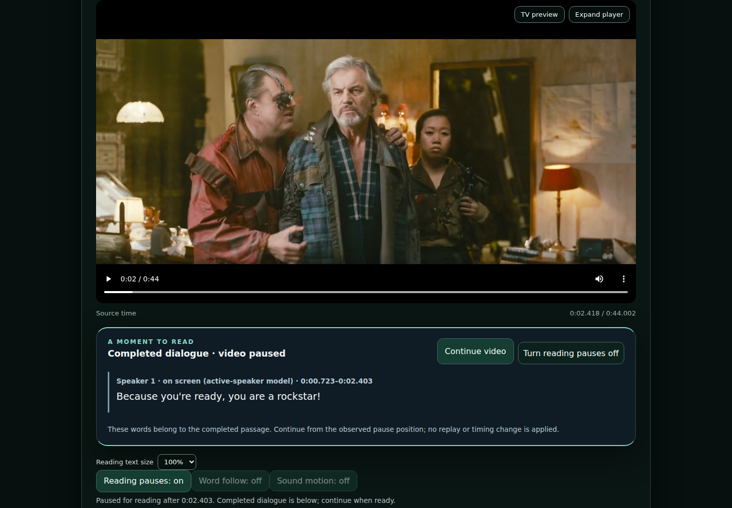 Actual Captionverse capture: a paused video leaves the completed dialogue visible with a Continue video button.