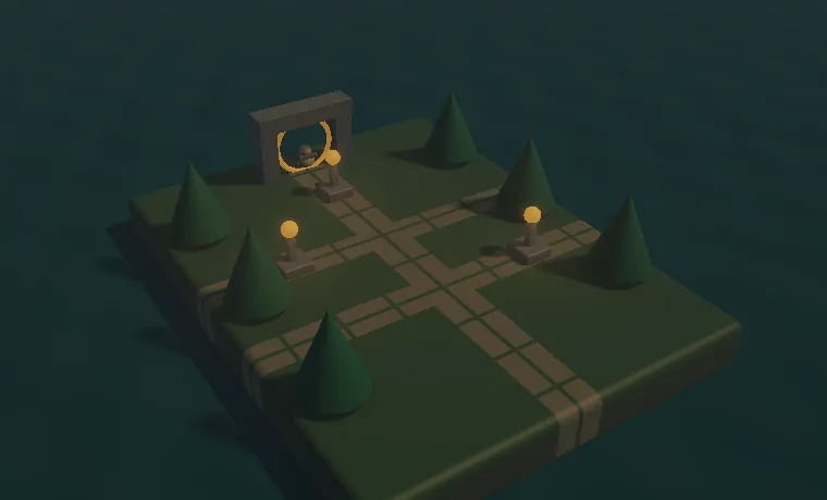 Lanternwake's small island with its three lanterns lit, cone trees and the stone arch.
