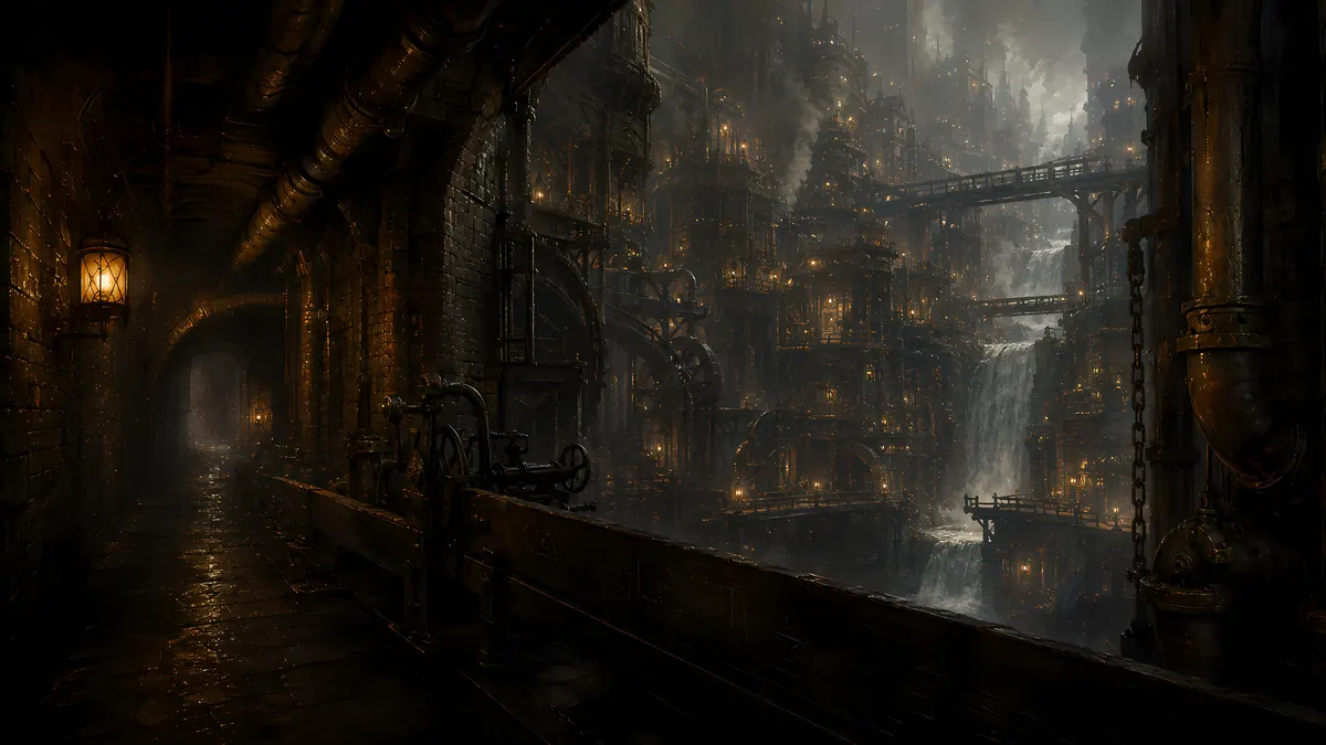 Artwork from the Spire of Octaves site: an inhabited vertical city of bridges, pipes, waterfalls and warm-lit windows.