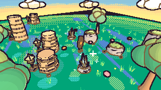 A small cel-shaded 3D scene from the first game: toon-lit stone drums, rocks and trees on bright green ground, drawn with dithered shading and outlines.