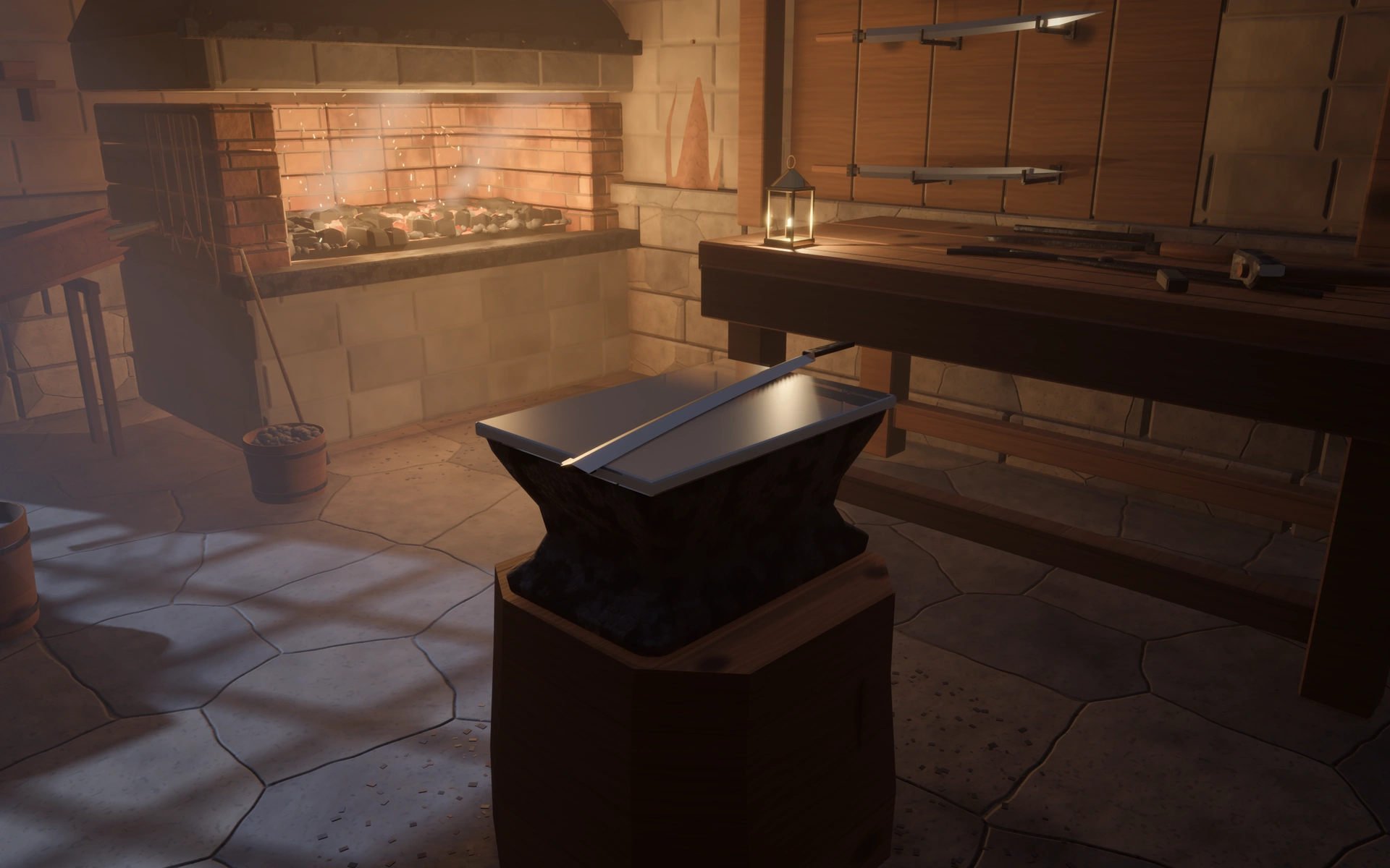 The forge anvil and unfinished blade, with the warm hearth and a rack of finished blades behind.