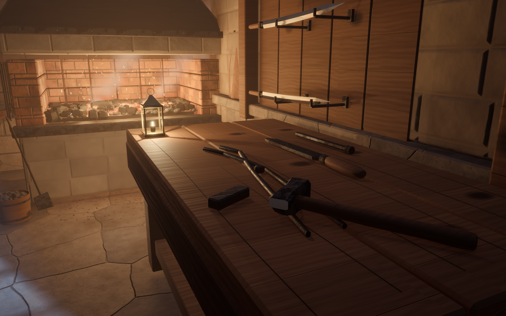A native HAMON Engine view of the swordsmith workshop, with anvil, tools, finished blades and a warm charcoal hearth.
