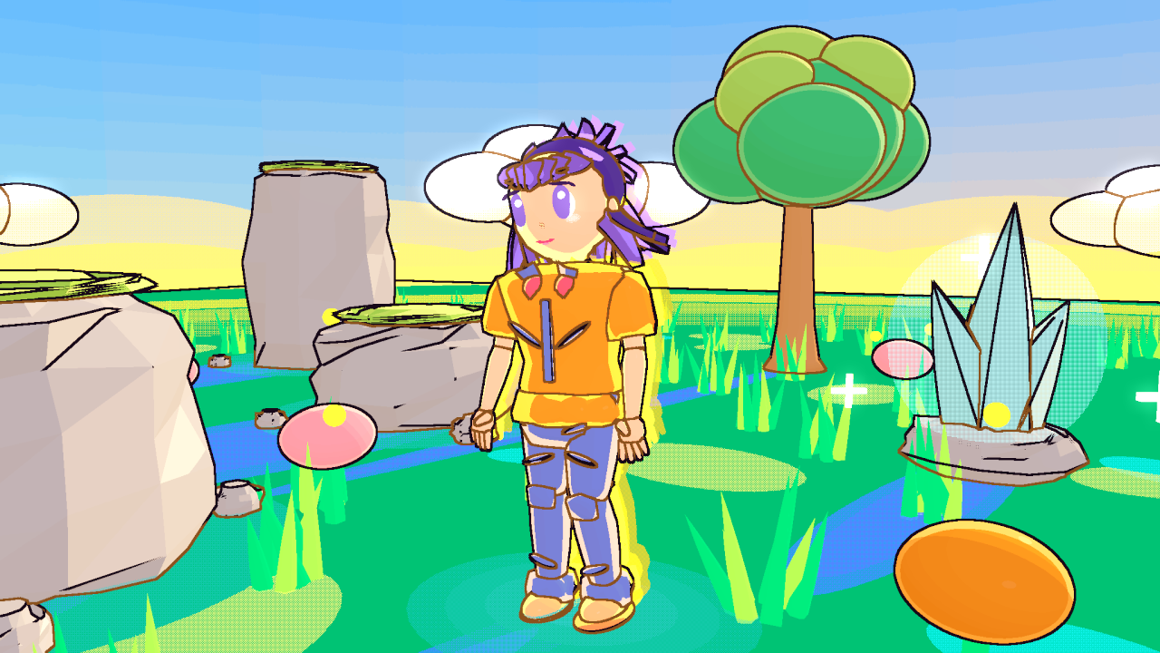 Actual HAMON Engine rendering study: a stylized character in a bright landscape with outlined rocks, a tree, crystals and grass.