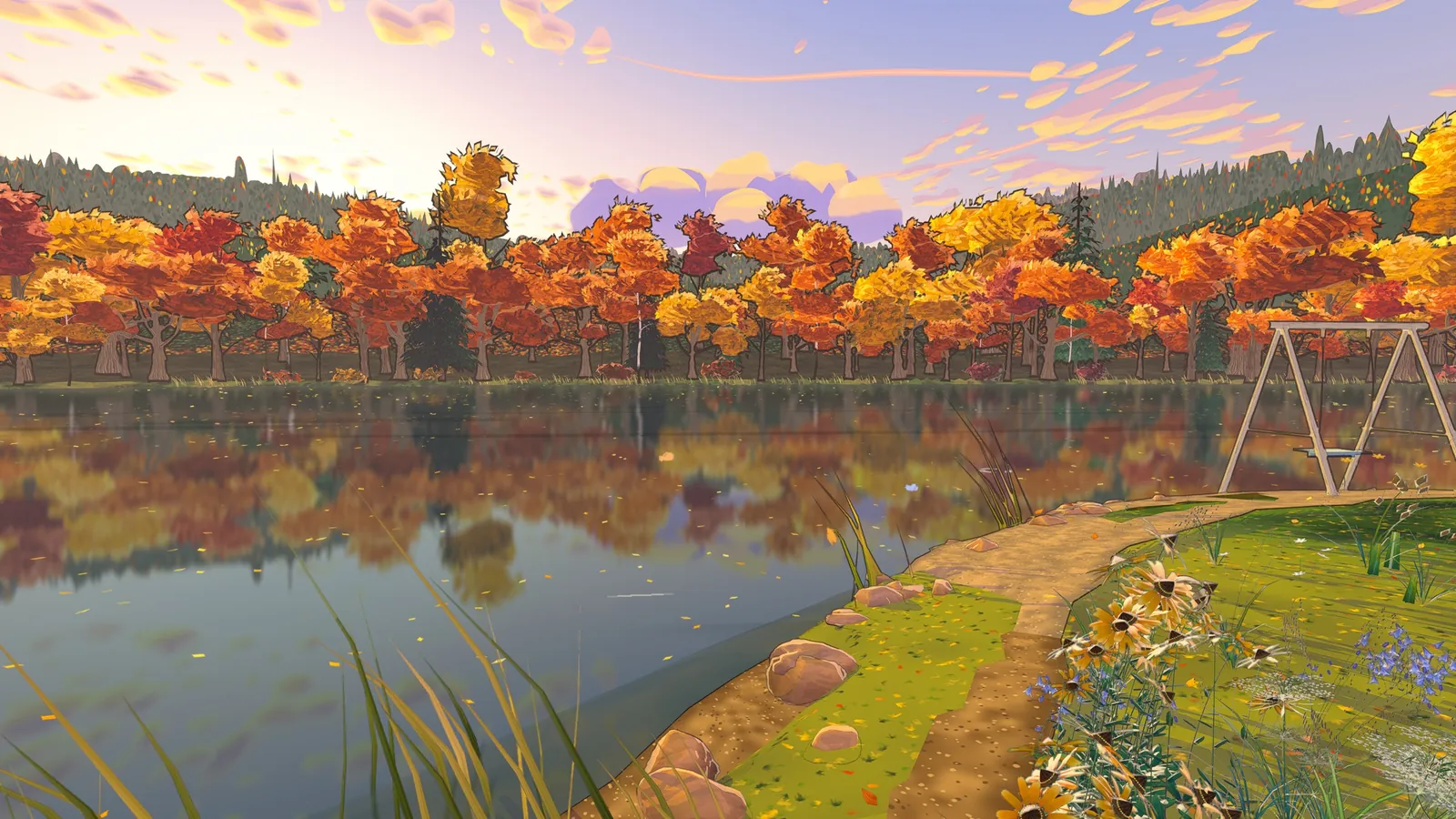 An autumn lake at golden hour in Wildside: painted maple trees reflected in still water, a dirt path, wildflowers and a swing set.