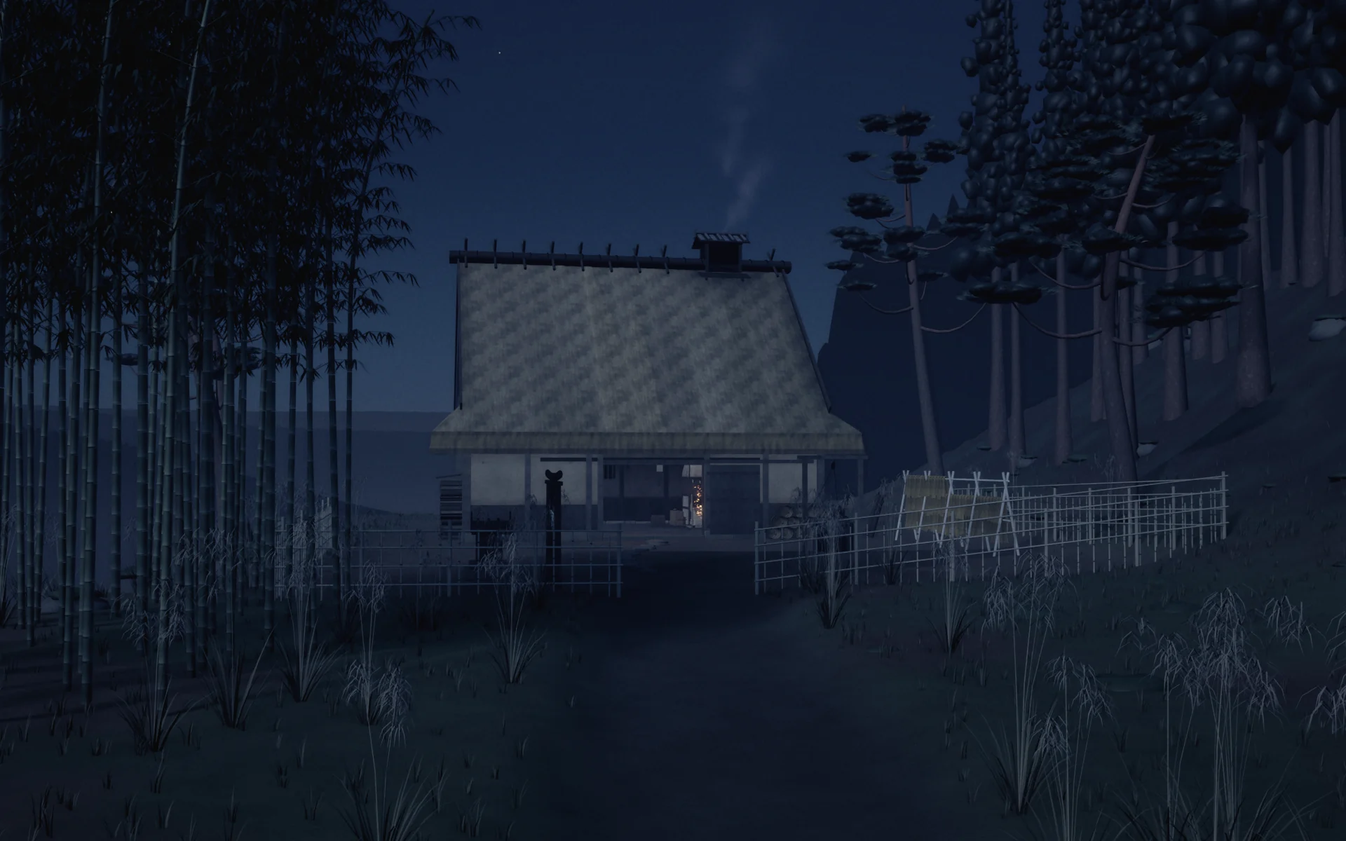 Dusk. A thatched kajiba at the foot of a cedar slope, smoke rising from the roof vent, a warm slit of light at the door.