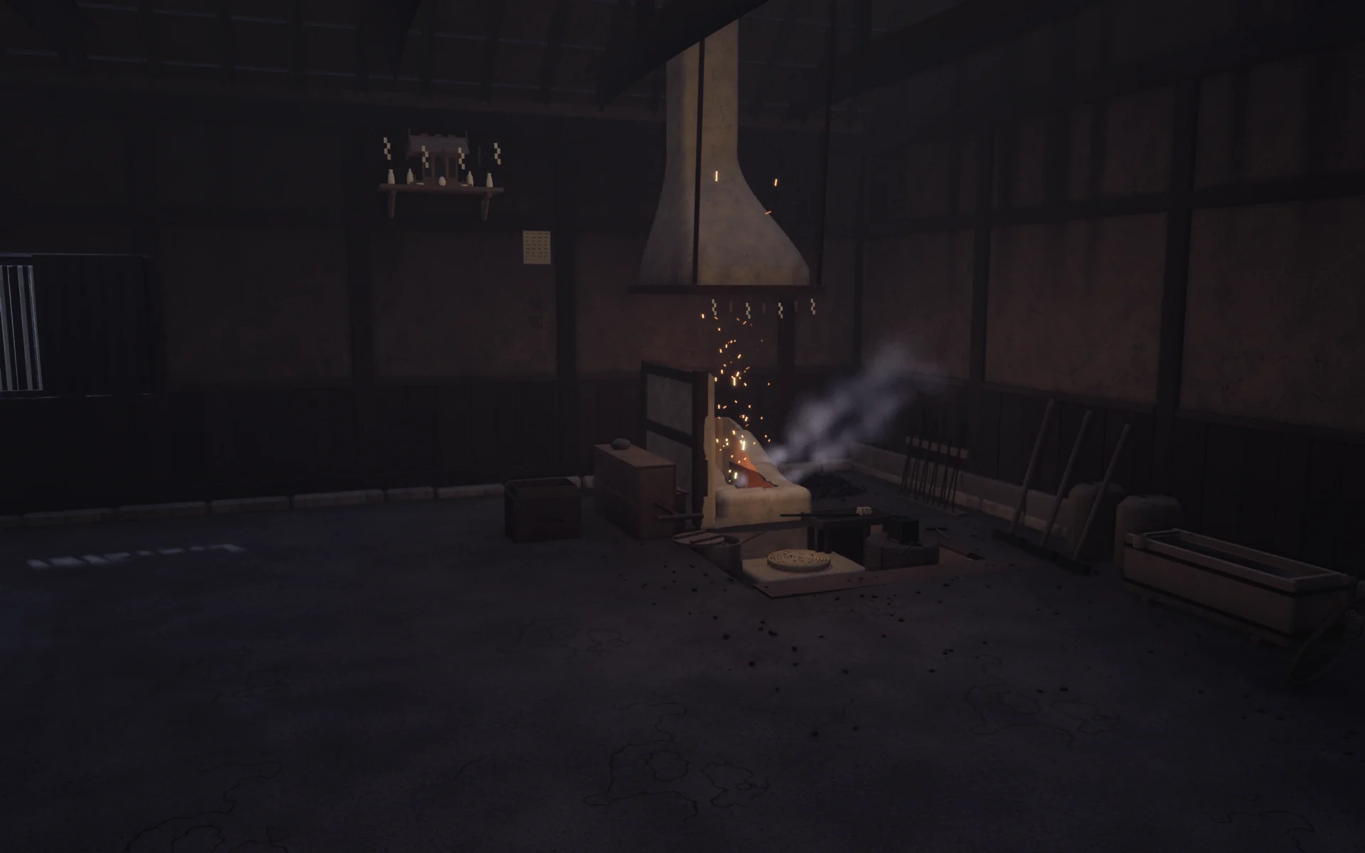 Inside the door: the clay hood over the hearth, sparks and smoke, tools along the wall.