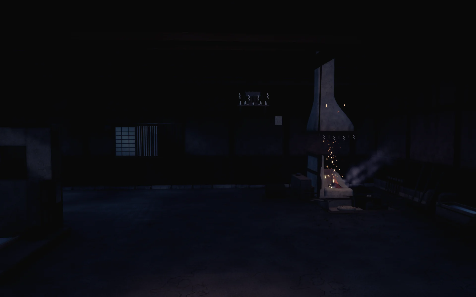 The threshold: the room is mostly dark, with the hearth glowing at the far side.